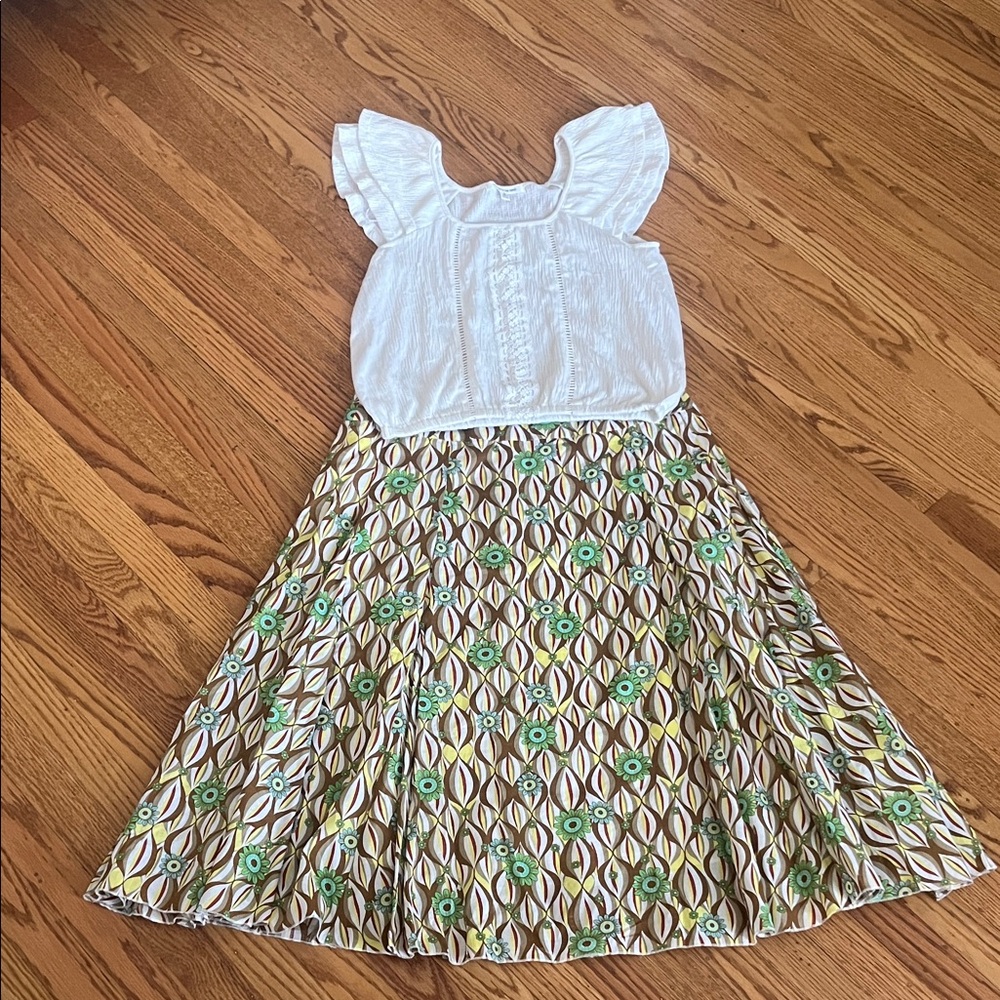 Lapis White Flutter Sleeve Top with Green and Brown Floral A-Line Skirt